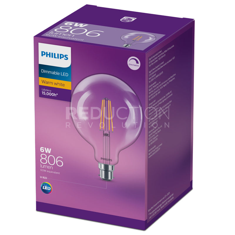 Philips LED Filament G125 Bulb B22 6W Dimmable